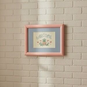 Framed Cross Stitch Welcome Pineapple Heart Home Decor Wall Art